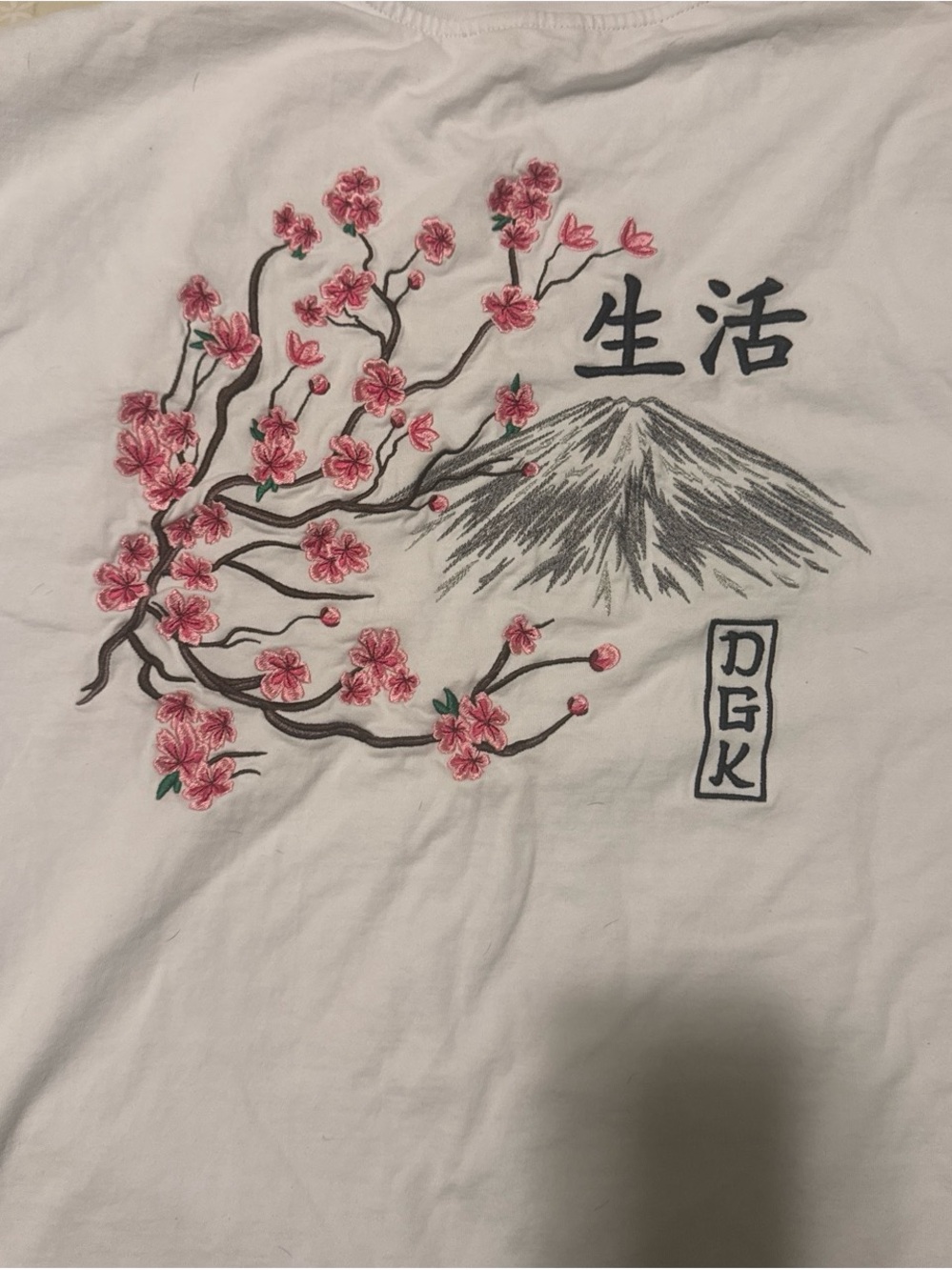 DGK White Tee with Pink Cherry Blossoms and Black Mountain Graphic